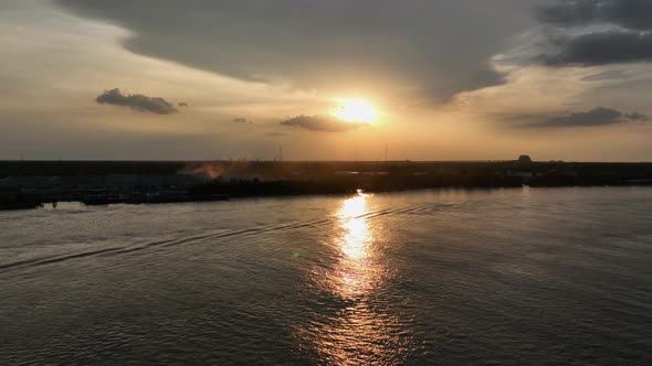 Aerial view of the sun set view over the Mississippi River in New Orleans