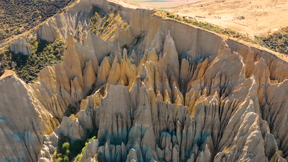 Aerial view of Clay Cliffs, touristic destination at Otago, New Zealand.