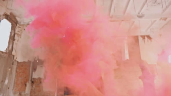 Young Brunette Holding Colored Smoke Bomb