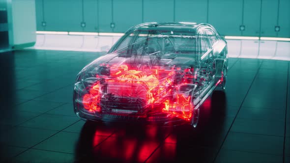 Transparent Car with Engine in Laboratory