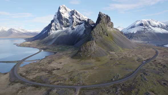 Aerial view of the Eystrahorn Mountains and the Ring Road in Iceland