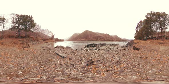 VR of a Beautiful Mountain River at the Late Autumn Time. National Park, Meadow, River Bank