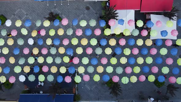 Aerial Shot The City Zhytomyr. Central Square With Umbrellas. Ukraine