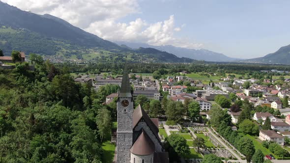 Aerial view of Parish Church of St. Nikolaus in Balzers, Liechtenstein