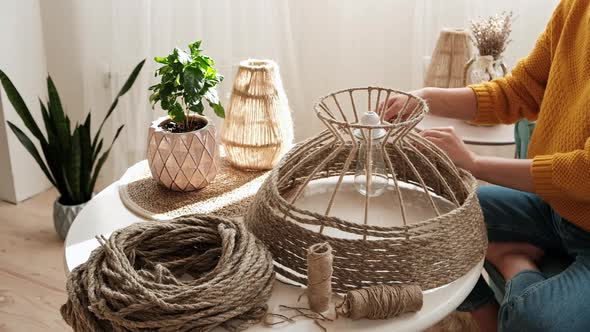 Woman Makes Handmade Diy Lamp From Jute Rope