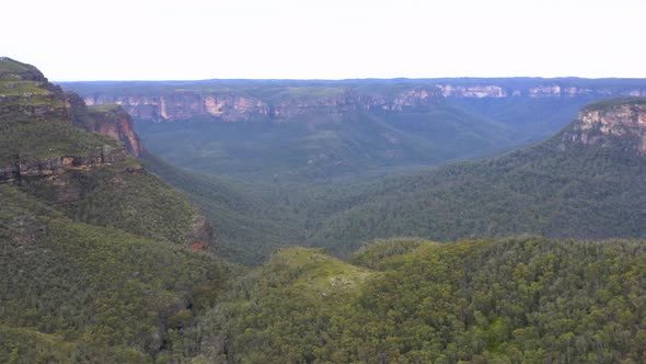 Drone aerial footage of the valley in the Explorers Range in The Blue Mountains in Australia