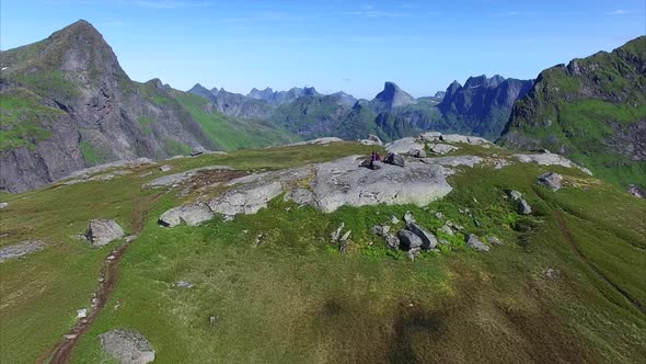 Hikers on Lofoten islands in Norway