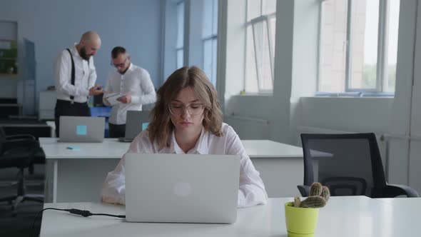 Concentrated Lady Do Hard Work on Company Computer