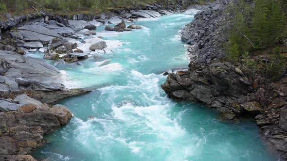 Flight above  mountain river Glomaga,Marmorslottet , Mo i Rana,Norway