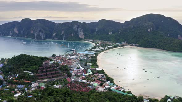 Drone footage of Ko Phi Phi Don, sunset.