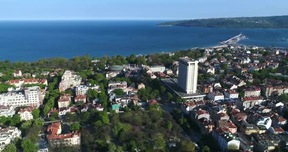 4k aerial video of Varna center and the gulf of Varna. The sea capital of Bulgaria.