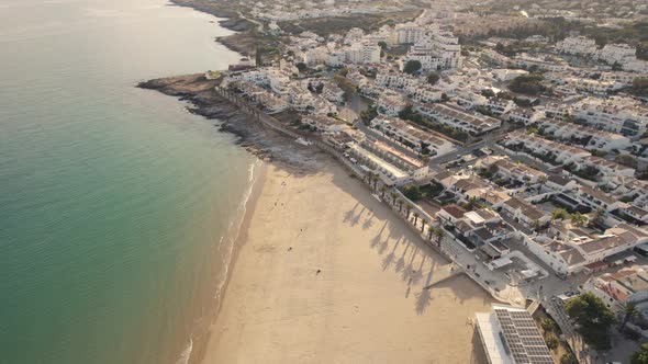 Aerial truck shot over the costal village of Praia Da luz on the south coast of Portugal