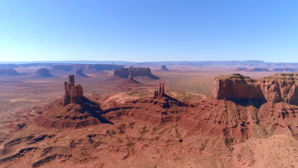 Monument Valley Aerial Video From Drone. Overview of the Park with the Monemental Red Cliffs