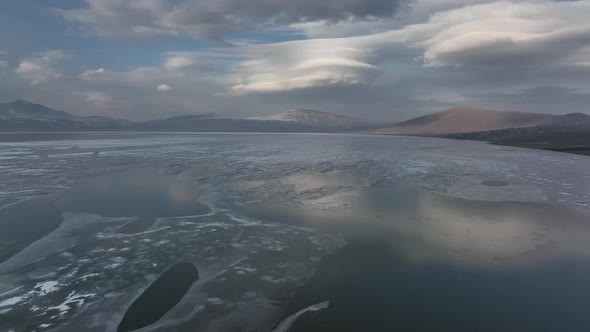 Aerial view of frozen Lake Paravani. The largest lake in Georgia