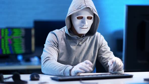 Concentrated Man in Face Mask Gloves and Hoodie Typing on Keyboard As Suddenly Turning and Raising