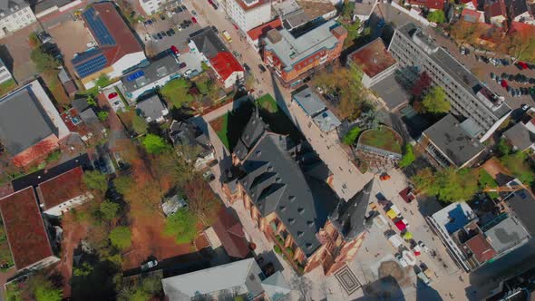 Beautiful morning top view of the central part of Viernheim. Old catholic cathedral.