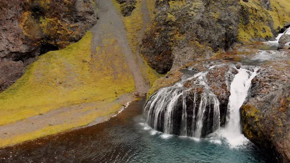 Stjornarfoss Waterfalls in Summer Season Amazing Aerial View