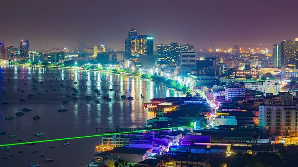 timelapse of Pattaya city and the many boats docking at night