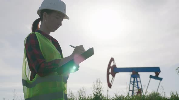 Woman Engineer Writing on Clipboard in Oil Field. Female Wearing White Helmet and Work Clothes