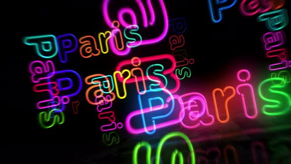 Paris neon symbol 3d flight between