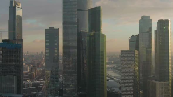 Moscow City Business Center and Urban Cityscape at Winter Sunrise. Russia