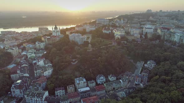 Kyiv Kiev Old Town in Sunrise Lights. Aerial View of Kiev, Ukraine