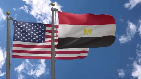 Usa Flag Vs Egypt Flag On Flagpole