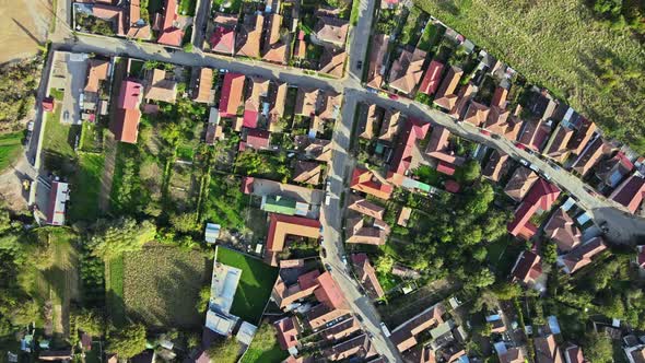 Aerial drone view of the Fagaras, Romania. Multiple residential buildings