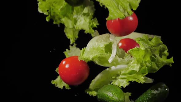 Close Up on the Fresh Tomatoes Cucumbers and Lettuce Tossed Up and Spinning on a Black Background in