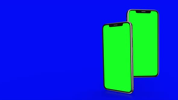 Two Black Smartphone Turns on on Blue Background. Easy Customizable Green Screen. Computer Generated