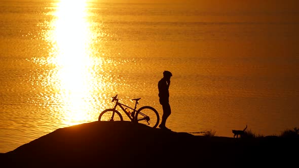 Silhouette of a cyclist and a cat near the river at sunset.