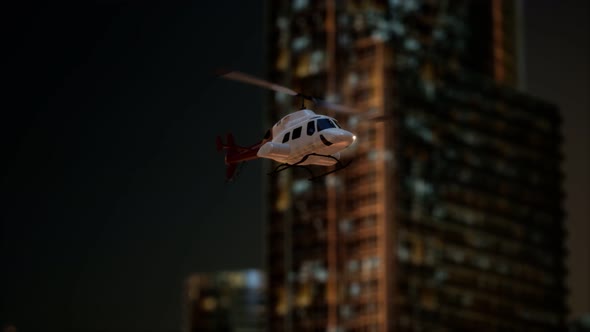 Slow Motion Helicopter Near Skyscrapers at Night