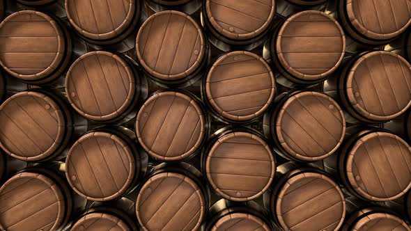Old Wooden Barrels of Wine Whiskey and Alcohol Beer in the Dark Basement