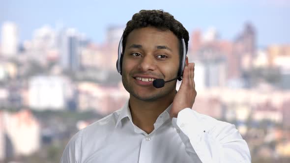 Close Up Call Center Consultant Talking with Client