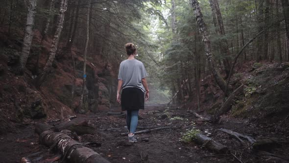 Carefree traveling woman in dark forest