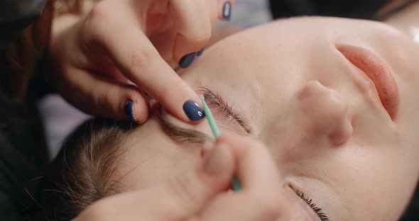 Lashmaker Does the Eyelash Lamination Procedure for the Client in the Beauty Salon Cosmetic Services