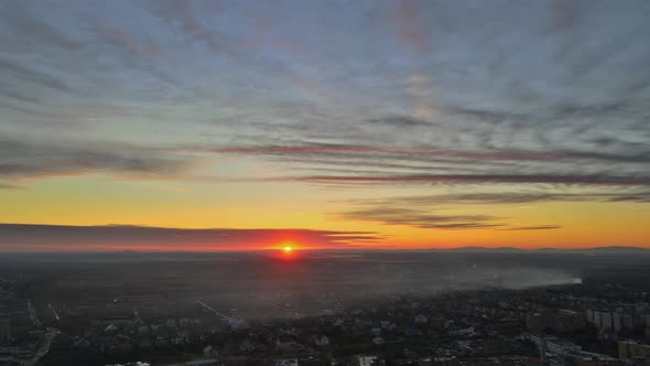 Surise Bright Horizon Burning Skies Morning Idyllic Scene Aerial View in the Residential Area on