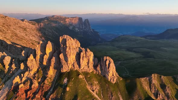 Dolomites mountains peaks on a summer sunrise