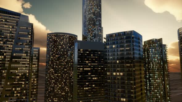 City Skyscrapers at Sunset in Desert