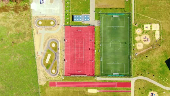 Top View, Bird eye view of school college with basketball, soccer courts. Street sport