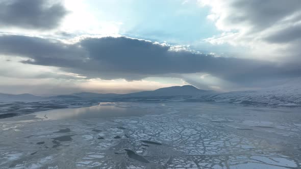 Aerial view of frozen Lake Paravani. The largest lake in Georgia