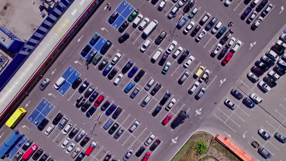 Drone Aerial Footage Top Down View of a Large Supermarket Parking Lot