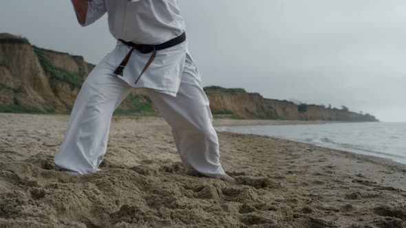 Man Legs Stepping Making Karate Exercise Close Up