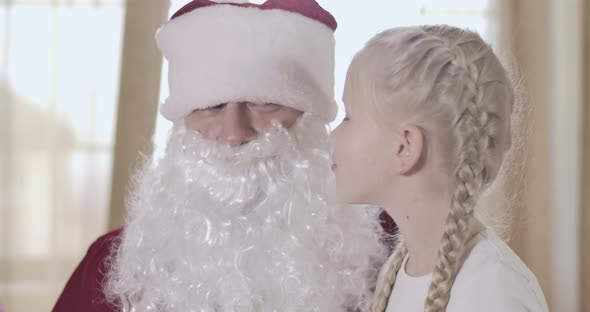 Close-up Face of Cute Blond Caucasian Girl with Pigtails Whispering on Santa's Ear. Pretty Kid