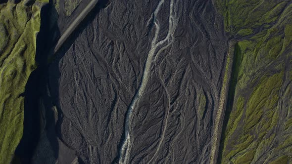 Drone Over Landscape With Dry Riverbed Of Braided River