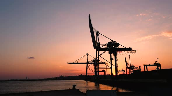 Industrial Crane in Cargo Harbor at Sunset