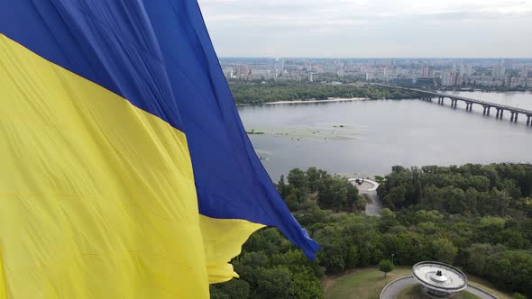 Kyiv - National Flag of Ukraine By Day. Aerial View. Kiev. Slow Motion