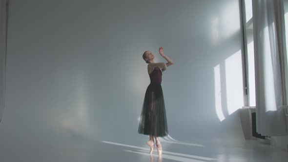 Ballerina in Black Ballet Tutu Dress Dancing Classical Pas in Class Near the Window, Alone Warming