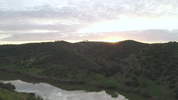 Aerial drone view of Mertola in Alentejo, Portugal at sunset