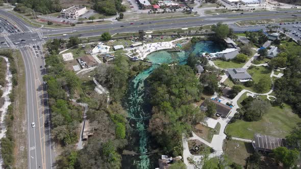 aerial of the Weeki Wachee Springs State Park, mermaid shows and amusement rides